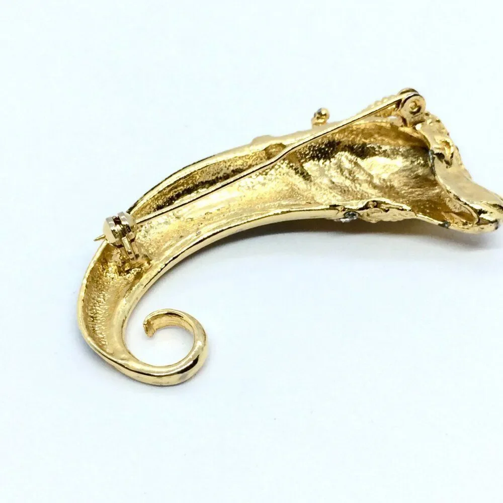 VINTAGE RAM BROOCH Black Enamel Horn Rhinestone Gold Tone Aries Statement Pin